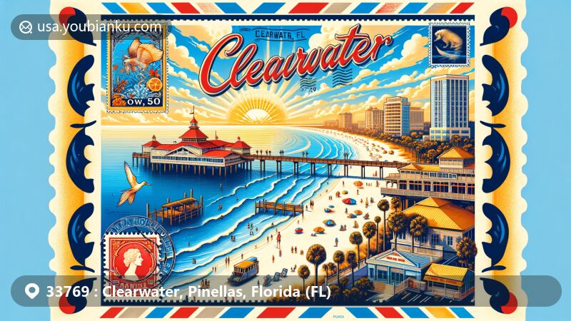 Modern illustration of Clearwater, Pinellas County, Florida, highlighting ZIP code 33769, featuring Clearwater Beach with white sands and clear waters, Pier 60 famous for sunsets, Clearwater Marine Aquarium, and vintage postal elements.