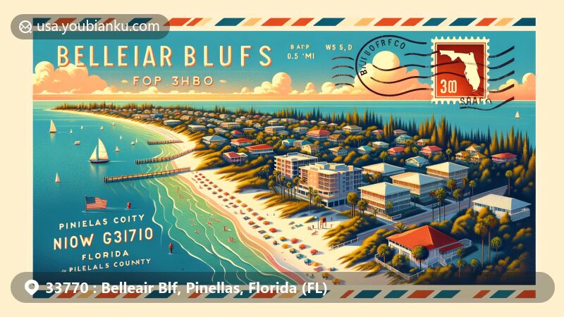 Modern illustration of Belleair Bluffs, Florida, ZIP Code 33770, featuring postcard-style design highlighting city's blend of land and water, including aerial view, outlines of Florida and Pinellas County, and Sand Key Park.