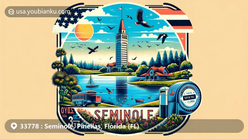 Modern illustration of Seminole, Pinellas, Florida, showcasing postal theme with ZIP code 33778, featuring Lake Seminole Park, Seminole City Water Tower, and Florida state flag.