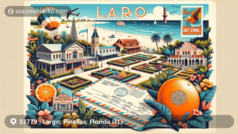 Colorful illustration of Largo, Pinellas County, Florida, on a vintage postcard backdrop, featuring Florida Botanical Gardens, Heritage Village, Sky Zone Trampoline Park, and 'Citrus City' history.