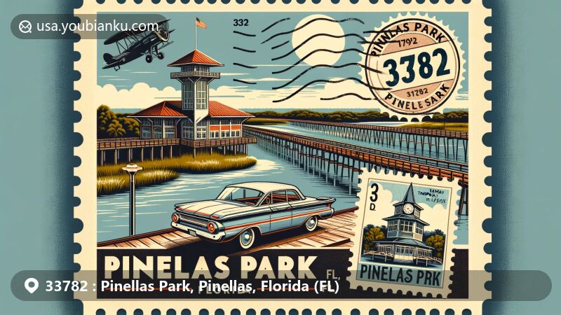 Modern illustration of Pinellas Park, Florida, showcasing Sawgrass Lake Park, Tampa Bay Automobile Museum, and iconic clock tower of the former train station, integrated with postal theme ZIP code 33782.
