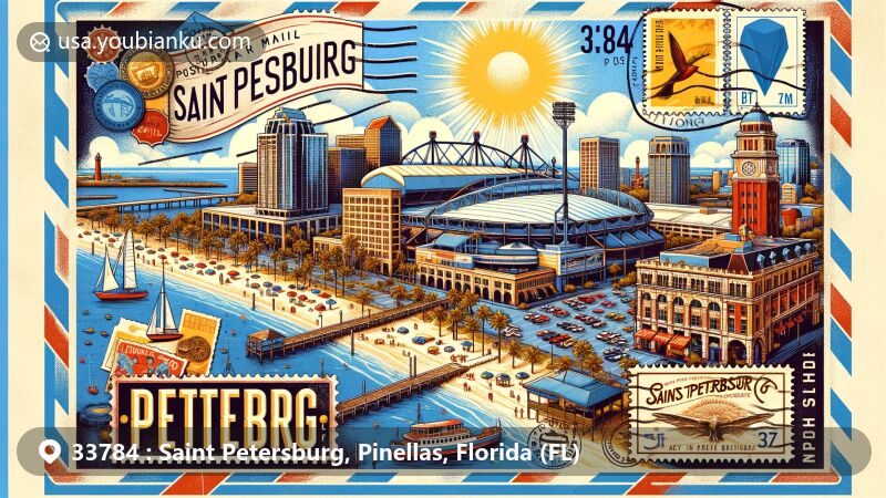 Modern illustration of Saint Petersburg, Florida, featuring Tropicana Field, downtown St. Petersburg, St. Pete Pier, and postal communication elements like air mail envelope, stamps, and postmark with ZIP code 33784.