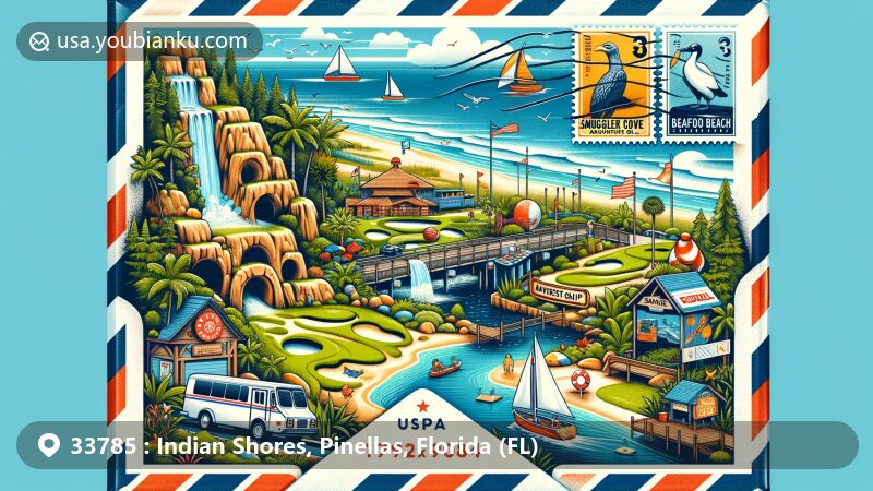 Modern illustration of Indian Shores, Pinellas County, Florida, featuring ZIP code 33785, showcasing iconic landmarks like Smuggler Cove Adventure Golf and Barefoot Beach Resort, incorporating postal symbols and emphasizing Seaside Seabird Sanctuary.