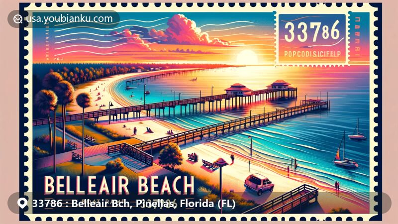 Modern illustration of Belleair Beach, Pinellas County, Florida, highlighting the scenic white sands, clear waters, and sunset, featuring Belleair Causeway Boat Ramp Park with fishing pier and postal theme incorporating ZIP code 33786.