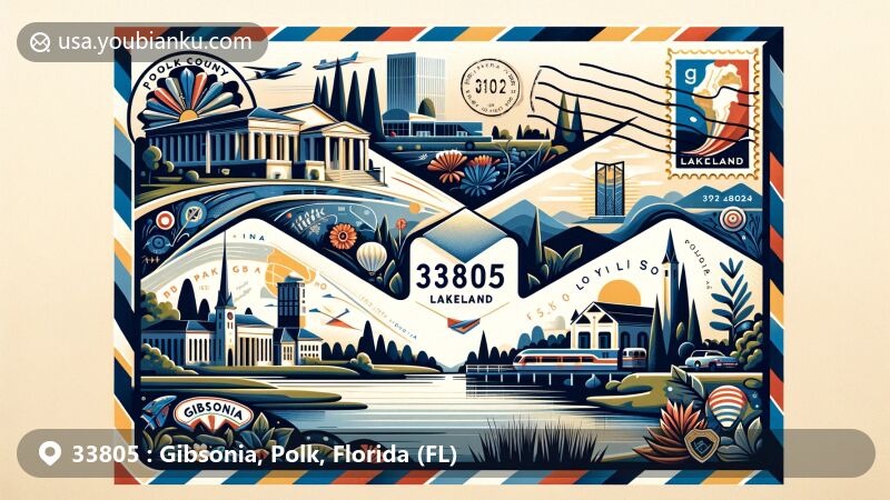Modern illustration of Gibsonia, Polk, Florida, highlighting postal theme with ZIP code 33805, featuring decorative airmail envelope and key landmarks of Lakeland.