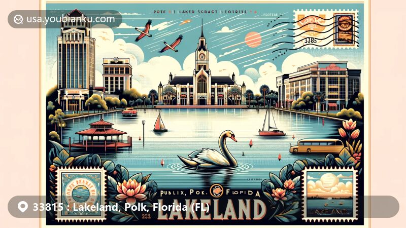 Modern illustration of Lakeland, Polk County, Florida, featuring ZIP code 33815, showcasing Lake Mirror, Polk Theatre, Publix Field at Joker Marchant Stadium, and Lake Morton swans, with integrated postal elements and decorative border.