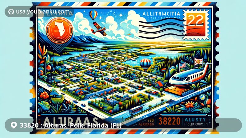 Modern illustration of Alturas, Polk County, Florida, highlighting postal theme with ZIP code 33820, featuring aerial view of the area, Florida state flag, and local flora or fauna.