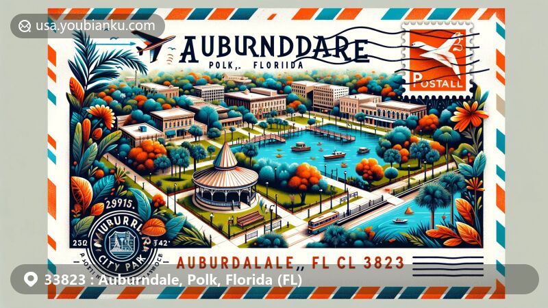 Vibrant illustration of Auburndale, Florida, with ZIP code 33823, highlighting its natural beauty and cultural landmarks within a postal theme.