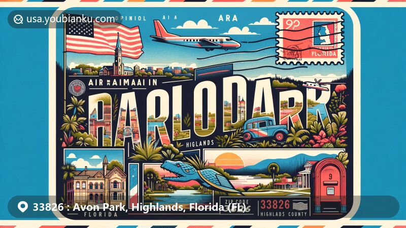 Modern illustration of Avon Park, Highlands County, Florida, showcasing postal theme with ZIP code 33826, featuring iconic landmarks and natural scenery of the region.
