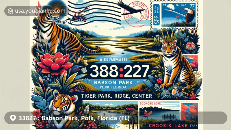 Modern illustration of Babson Park, Polk County, Florida, highlighting Tiger Creek Preserve and Ridge Audubon Center, featuring sandhill ecosystem and ZIP code 33827.