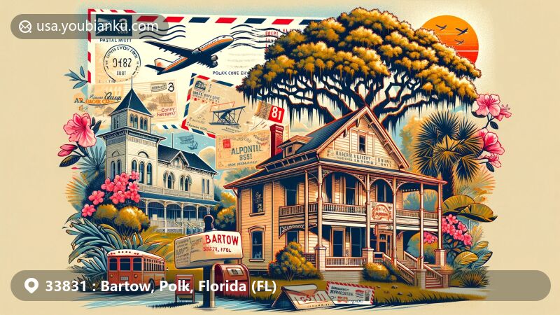 Modern illustration of Bartow, Florida, highlighting postal theme with ZIP code 33831, featuring iconic Southern culture and natural beauty of oaks and azaleas, showcasing Polk County History Center and L.B. Brown House.