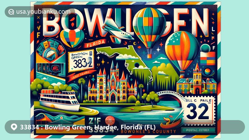 Modern illustration of Bowling Green, Florida, featuring postal elements for ZIP code 33834, showcasing Hardee Lakes Park, Solomon's Castle, and Florida state symbols.