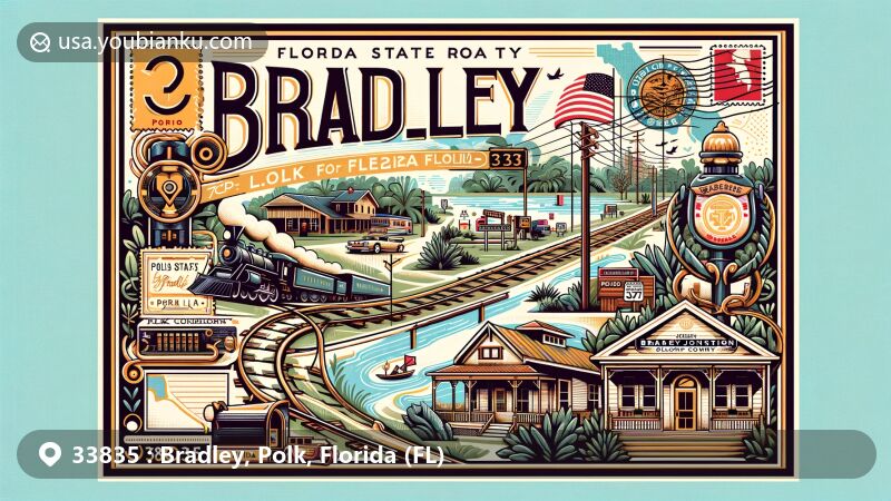 Modern illustration of Bradley Junction, Polk County, Florida, showcasing postal theme with ZIP code 33835, featuring Florida State Road 37 entrance, Polk County map, state flag, vintage postage elements, and railroad symbolism.