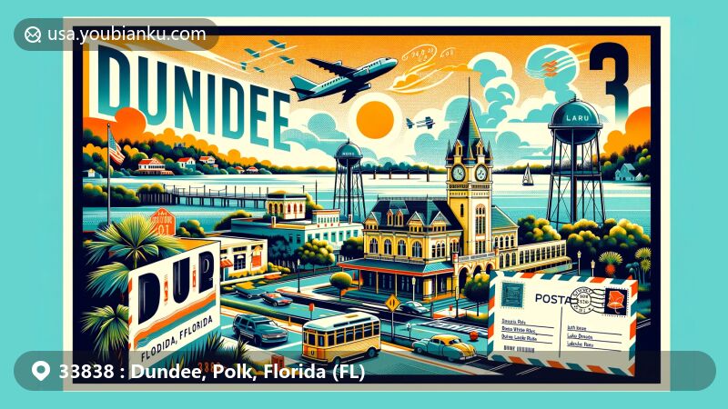 Modern illustration of Dundee, Florida, highlighting postal theme with ZIP code 33838, featuring Dundee Historic Depot Museum, elevated water tanks, Lake Ruth, and Lake Marie.