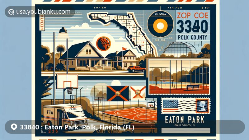 Modern illustration of Eaton Park, Polk County, Florida, capturing its postal theme with ZIP code 33840, showcasing community and recreational features like basketball court and playground, and highlighting iconic Florida elements.