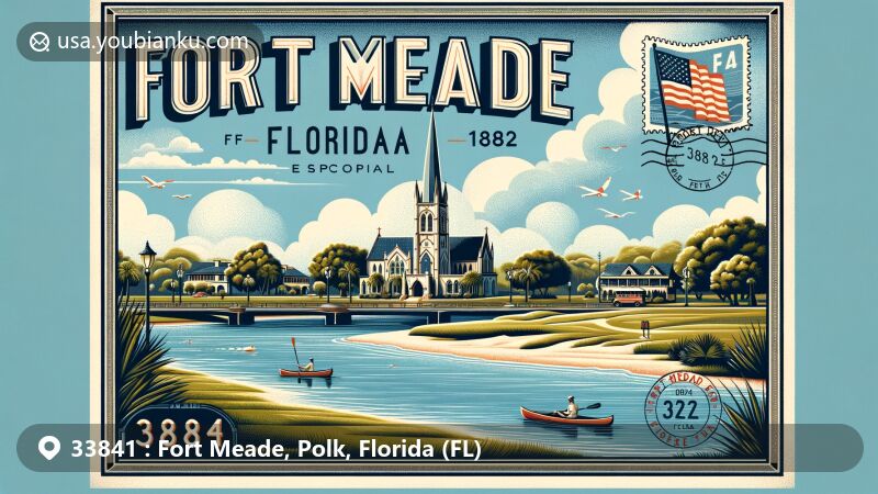 Modern illustration of Fort Meade, Florida, with Peace River, Christ Church, and Streamsong Resort, blending history, luxury, and postal elements like vintage stamp and antique mailbox in warm colors.