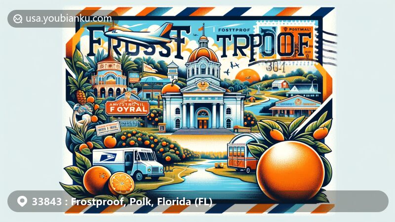 Vintage-style illustration of Frostproof, Florida, highlighting postal heritage and citrus industry, featuring iconic landmarks like Lake Clinch and Lake Reedy, historic Ramon Theater and Frostproof City Hall, citrus fruits and groves, postal elements, and ZIP code 33843.