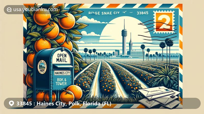 Modern illustration of Haines City, Polk County, Florida, featuring open air mail envelope with orange grove, Ridge Scenic Highway, and Bok Tower, representing citrus industry and landscapes.