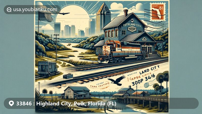 Modern illustration of Highland City, Polk County, Florida, showcasing postal theme with ZIP code 33846, Fort Fraser Trail, historical Haskell freight depot, and expansive Polk County landscape with native vegetation.