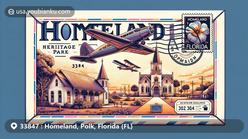Modern illustration of Homeland, Polk County, Florida, featuring aviation envelope design with ZIP code 33847, showcasing historical building from Homeland Heritage Park.