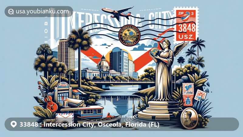 Modern illustration of Intercession City, Osceola County, Florida, presenting postal theme with ZIP code 33848, featuring state flag, natural scenery, and classic postal elements.