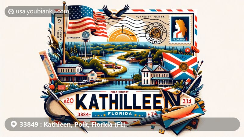 Modern illustration of Kathleen, Polk County, Florida, with ZIP code 33849, featuring state flag and landmarks like Upper Hillsborough Preserve, reminiscent of a creative postcard design.