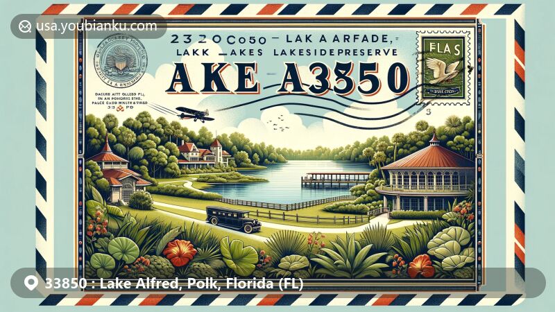 Modern illustration of Lake Alfred, Polk County, Florida, capturing the essence of ZIP code 33850 with lush greenery, lake views, local wildlife, and Mackay Gardens and Lakeside Preserve.