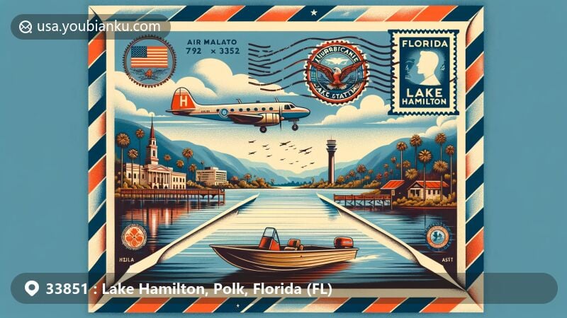 Creative illustration of Lake Hamilton, Polk County, Florida, showcasing postal theme with ZIP code 33851, vintage air mail envelope featuring Florida's state flag and Lake Hamilton's official seal.