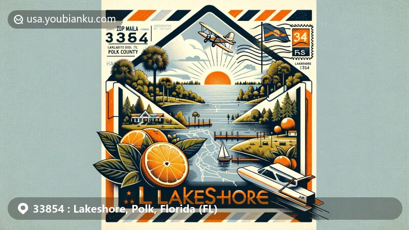 Modern illustration of Lakeshore, Polk County, Florida, showcasing postal theme with ZIP code 33854, featuring Florida state flag, citrus industry tribute, and Polk County map outline.