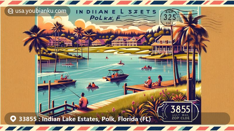 Modern illustration of Indian Lake Estates, Polk County, Florida, highlighting Lake Weohyakapka, boating, fishing, golf community, and postal theme with ZIP code 33855.