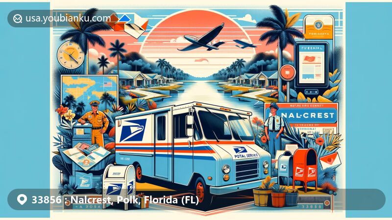 Modern illustration of Nalcrest, Polk, Florida, showcasing postal theme with ZIP code 33856, featuring vintage postal van, mailboxes, uniforms, 15-acre manmade lake, Florida palm trees, wildlife, and state flag.