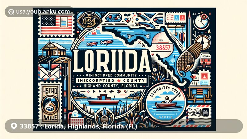 Modern illustration of Lorida, Highlands County, Florida, showcasing postal theme with ZIP code 33857, featuring Lake Istokpoga and natural charm.