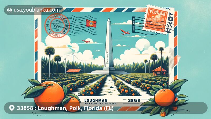 Modern illustration showcasing Loughman, Polk County, Florida, with ZIP code 33858, featuring the Forgotten Citrus Center Monument, former citrus groves, nods to Orlando and Disney World, and postal themes like Florida state flag stamp and ZIP code 33858.