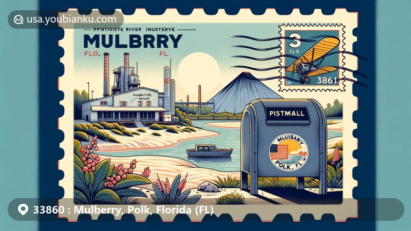 Modern illustration of Mulberry, Polk County, Florida, showcasing phosphate mining industry and natural beauty, with airmail envelope featuring Phosphate Museum, set against backdrop of Alafia River Reserve.