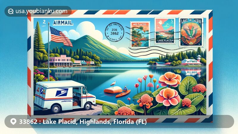 Modern illustration of Lake Placid, Florida, with airmail envelope featuring ZIP code 33862, showcasing outdoor mural, caladium fields, and picturesque lakes, complemented by American postal symbols.