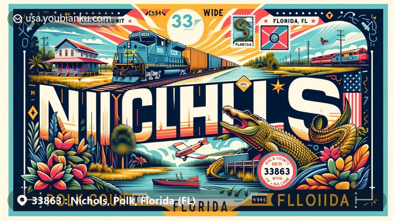 Modern illustration of Nichols, Polk County, Florida, showcasing postal theme with ZIP code 33863, featuring Nichols community, Polk County and Florida flags, and a postage stamp with Florida alligator.