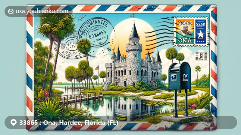 Modern illustration of Solomon's Castle in Ona, Florida, featuring unique construction from recycled materials and reflective printing plates, surrounded by lush landscapes and a postal theme with mail envelope, postage stamp designs, '33865 Ona, FL', postmark, and American mailbox.