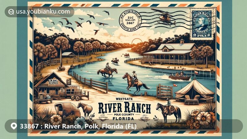 Modern illustration of River Ranch, Polk County, Florida, featuring Kissimmee River, Westgate River Ranch Resort & Rodeo, cowboy theme, Florida wildlife, vintage postcard design, and ZIP code 33867.