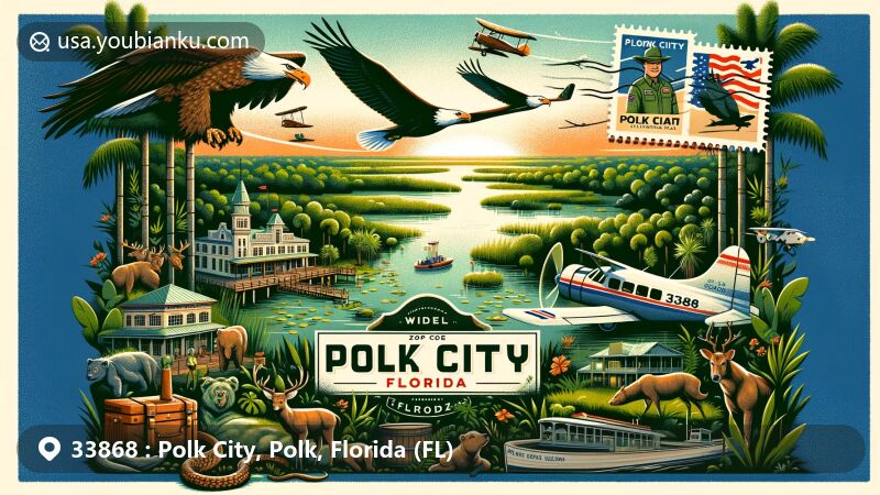 Modern illustration of Polk City, Florida, highlighting ZIP code area 33868, showcasing natural beauty, aviation heritage in Green Swamp ecosystem, featuring bald eagles, whitetail deer, alligators, and Fantasy of Flight with vintage aircraft, framed in airmail envelope with stamp of Florida Panther.