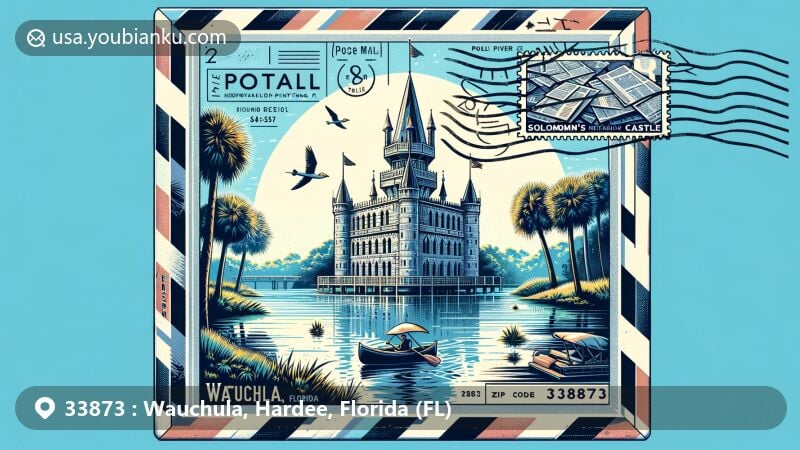 Modern illustration of Solomon's Castle in Wauchula, Florida, with postal theme and iconic Floridian scenery, featuring aluminum newspaper printing plates and the ZIP code 33873.