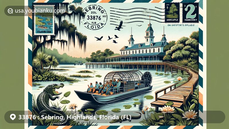 Vibrant illustration of Sebring, Florida, ZIP code 33876, featuring an airboat in Arbuckle Creek or Lake Istokpoga from Airboat Wildlife Adventures, showcasing alligators, birds, and the historic Harder Hall, with elements of Highlands Hammock State Park.