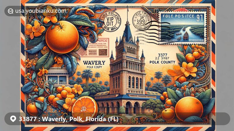 Modern illustration of Waverly, Polk, Florida (ZIP code 33877) featuring airmail envelope with orange motifs, Bok Tower stamp, Waverly Post Office, and Polk County History Center.