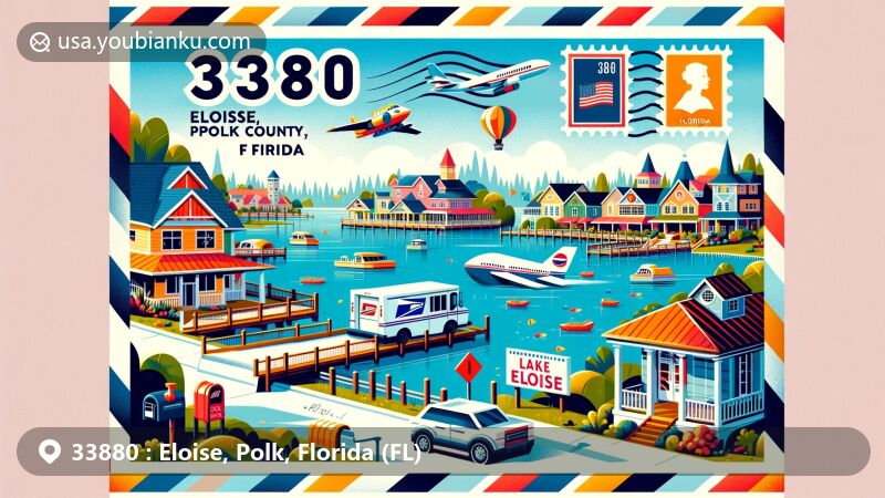 Colorful illustration of Eloise, Polk County, Florida, ZIP code 33880, featuring Lake Eloise, Legoland Florida, and postal theme elements with air mail envelope, stamps, postal truck, and mailbox.