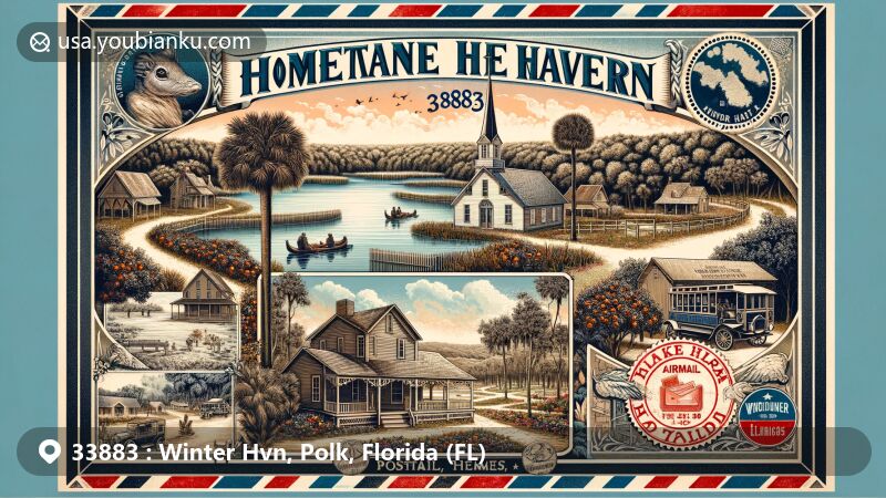 Modern illustration of Winter Haven, Florida, featuring Homeland Heritage Park and Chain of Lakes, capturing 19th-century pioneer life and Floridian natural beauty, with vintage postal elements and ZIP code 33883.