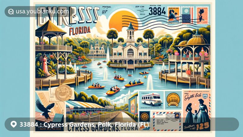 Modern illustration of Cypress Gardens, Florida, highlighting postal theme with ZIP code 33884, showcasing Legoland Florida, Banyan tree, water ski shows, and historical charm of Southern belles.