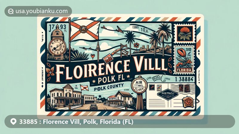 Modern illustration of Florence Vill, Polk County, Florida, representing ZIP code 33885 with iconic Florida symbols like palm trees, state flag, and references to local history. Includes vintage air mail envelope border, stamps, and postmark for 33885 Florence Vill, FL.