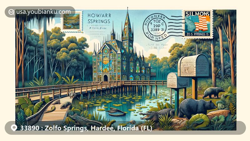 Colorful illustration of Zolfo Springs, Hardee County, Florida, featuring Solomon's Castle, Pioneer Park, Peace River, local wildlife including alligators, bobcats, and black bears, vintage American mailbox, and postal theme with ZIP code 33890.