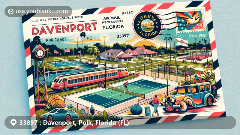 Modern illustration of Northeast Regional Park, Davenport, Polk County, Florida, showcasing recreational facilities and Florida state flag, with historical nod to Atlantic Coast Line Railroad, postal elements like vintage stamp and mailbox.