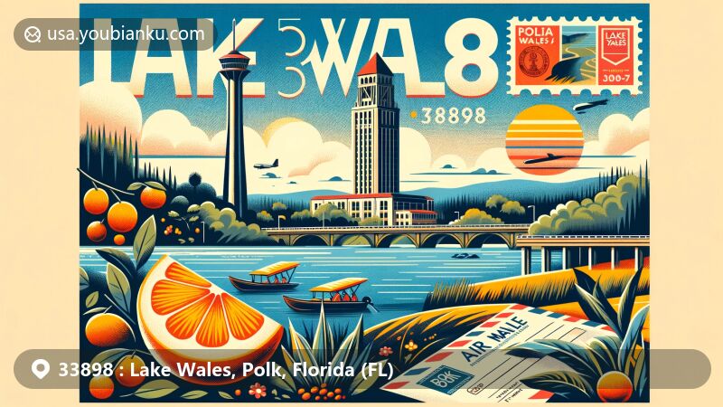 Modern illustration of Lake Wales, Polk County, Florida, showcasing ZIP code 33898, with Bok Tower, citrus fruits, and Lake Wales Ridge, incorporating postal elements like a vintage air mail envelope.
