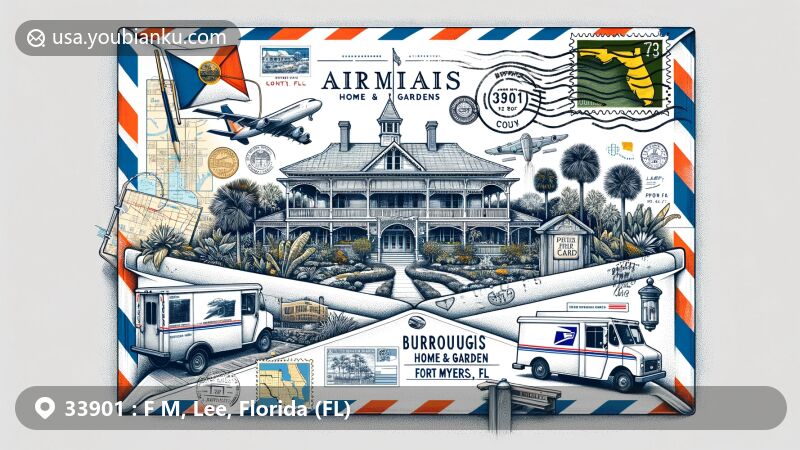 Creative illustration of Fort Myers area with ZIP code 33901, depicting The Burroughs Home & Gardens on airmail envelope, featuring Florida state flag and Lee County map for regional identity.